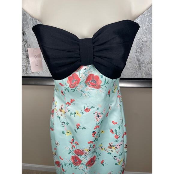 Sau Lee Mona Strapless Floral Bow Detail Column Maxi Dress in Mint Multi Sz 0 - Picture 5 of 9